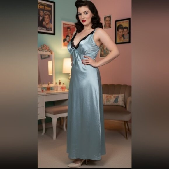 Addition Elle Teal Satin And Lace Maxi Slip Dress Size 1X - Picture 1 of 14
